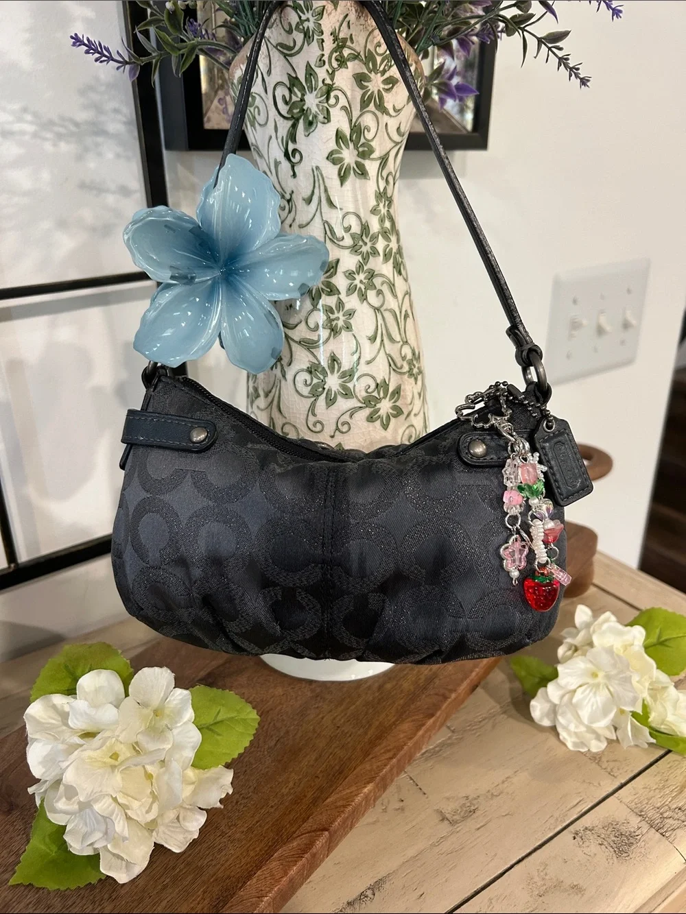 Coach Black Jacquard Shoulder Bag with Chunky Chain